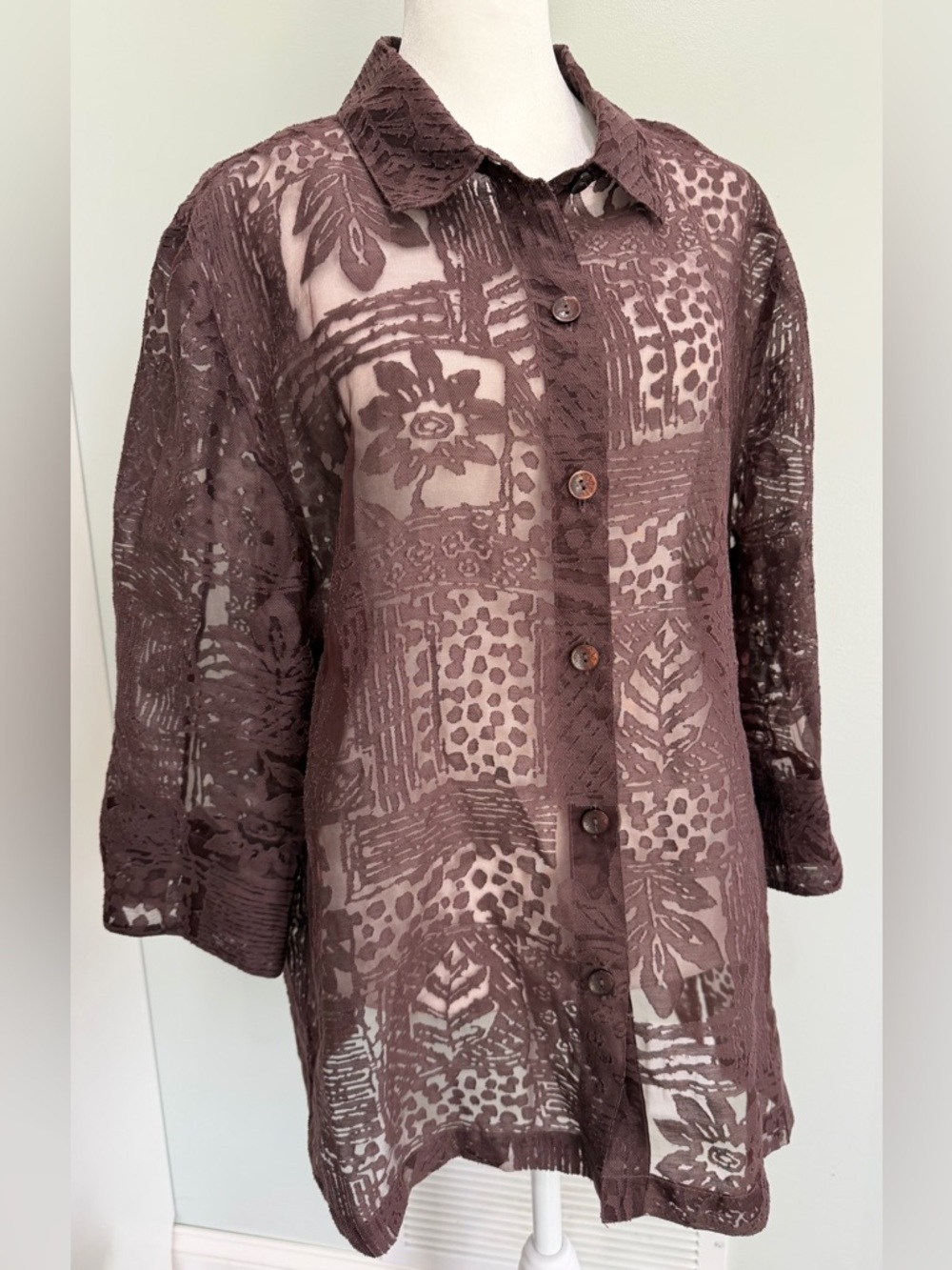 ELCC Womens Sheer Lace Textured Brown Mocha Button Front Layering Blouse Size XL